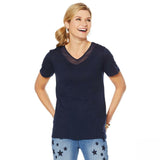 DG2 by Diane Gilman Women's Mesh Insert V Neck T-Shirt Navy Small